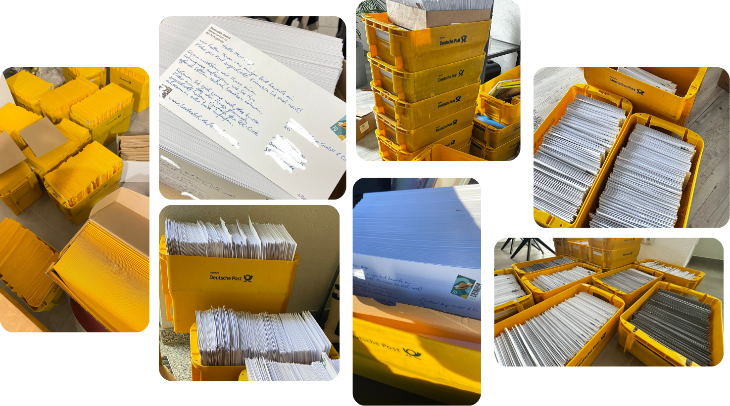Reale Fotos handadressierter Briefe in Deutsche-Post-Kisten.